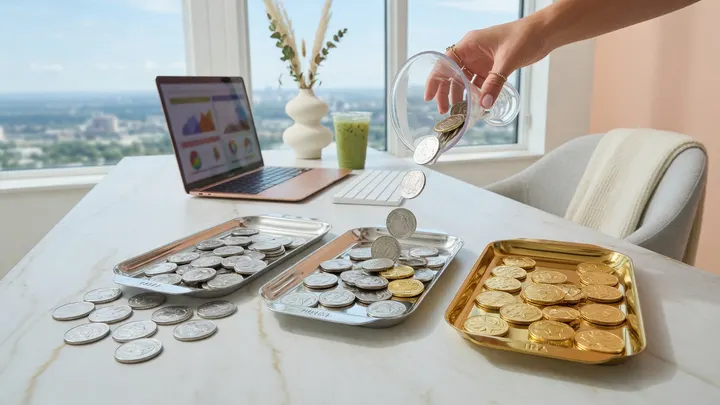 Gold and silver coins on a modern desk for IRA transfer planning